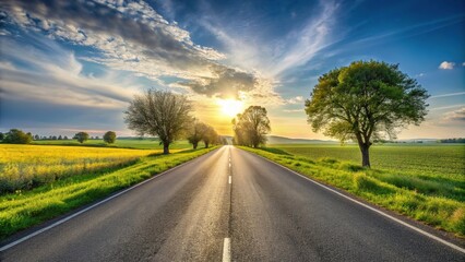 Fototapeta premium asphalt road panorama in countryside on sunny spring evening