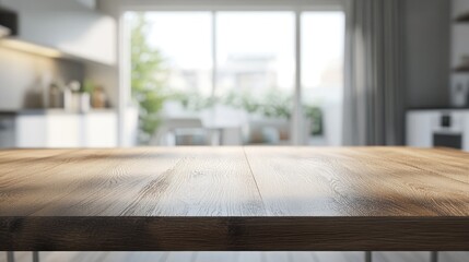3D rendering of an empty dining table in a blurred modern kitchen interior