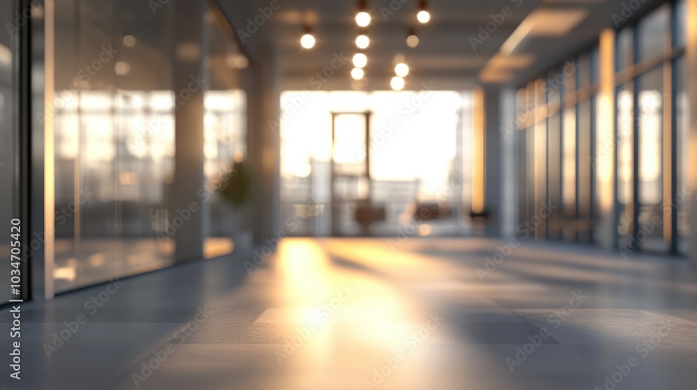 Poster 3d rendering of a blurred empty office space with abstract light bokeh in the interior background fo
