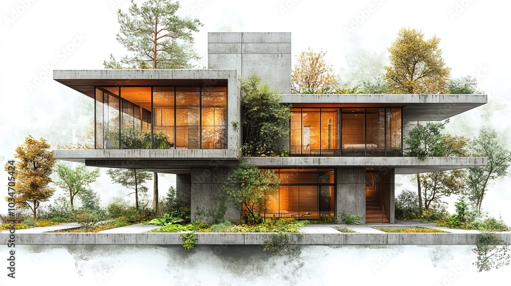 Poster architectural sketch of modern sustainable building featuring green spaces and eco friendly design e
