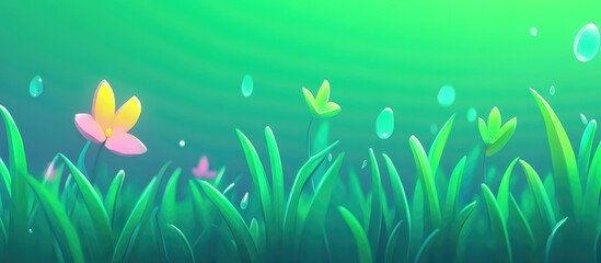 Obraz premium Fresh Grass With Dew Drops Green Leaves And Water Drops Defocused And Blured Green Foliage Background