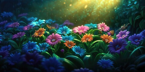 Fototapeta premium Vibrant flowers surrounded by lush green foliage in the morning light, Colorful flowers amidst green leaves in morning sunlight