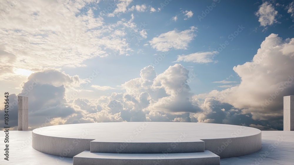 Poster podium stage set against a backdrop of fluffy clouds and a blue sky copy space 3d rendering