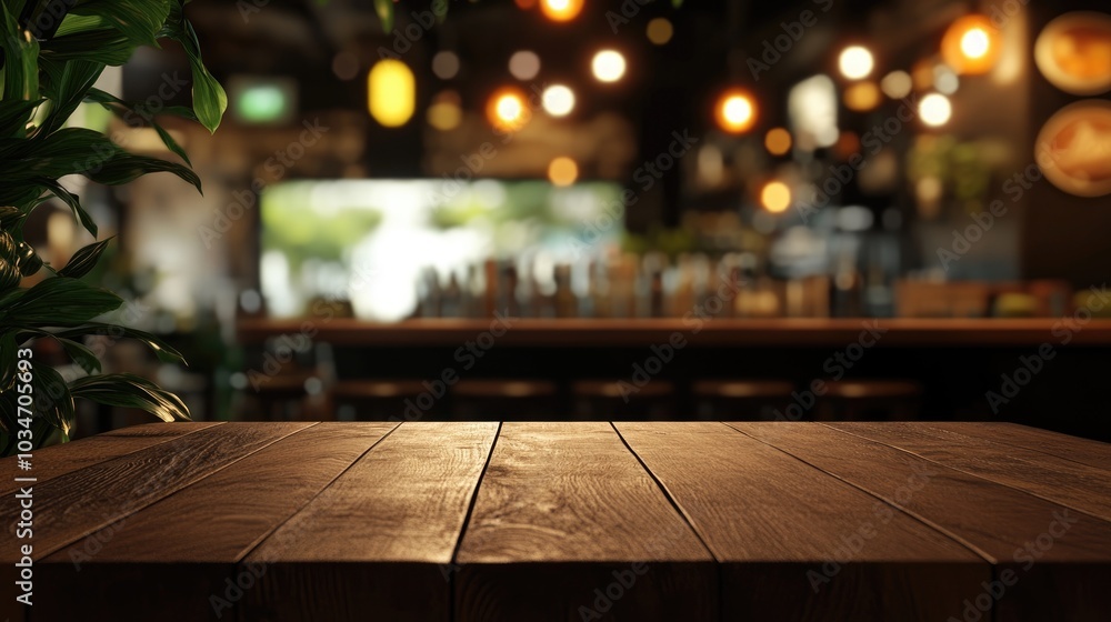 Aufkleber 3d rendering of an empty wooden tabletop with bokeh lights on a blurred restaurant backdrop