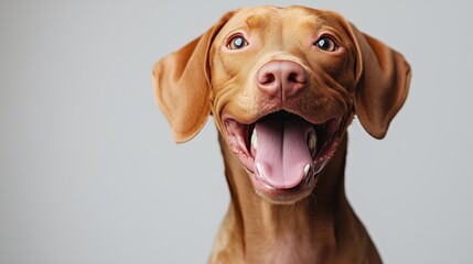 portrait of a happy smiling Vizsla dog on a white background