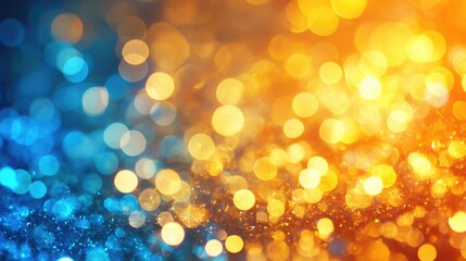 Obraz premium Abstract Golden And Blue Glittering Background With Defocused Lights And Colorful Bokeh Sunrays With Autumn Hues In An Abstract Setting