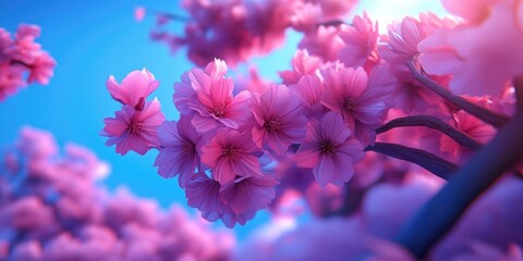 Fototapeta premium Stunning cherry blossoms in vibrant pink hues set against a bright blue sky during the spring season, Beautiful pink cherry blossoms against a clear blue sky in spring