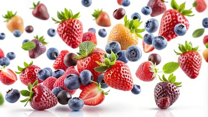 Asymmetrical arrangement of falling berries with selective focus on white background