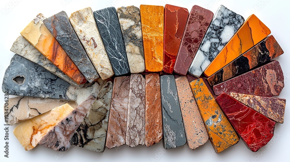 Poster assorted marble countertop samples displayed in fan like arrangement showcasing variety of colors and patterns