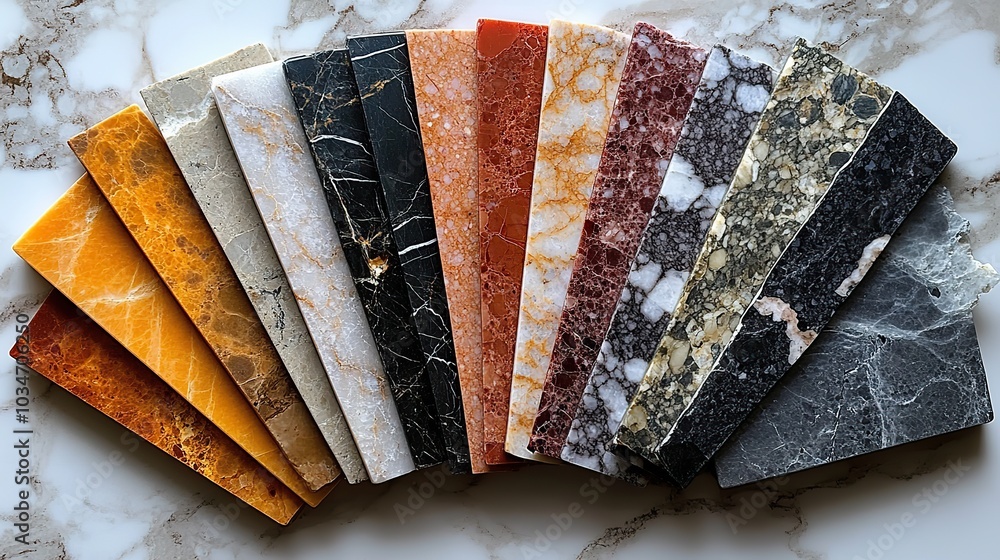 Poster assorted marble countertop samples displayed in fan like arrangement showcasing variety of colors an