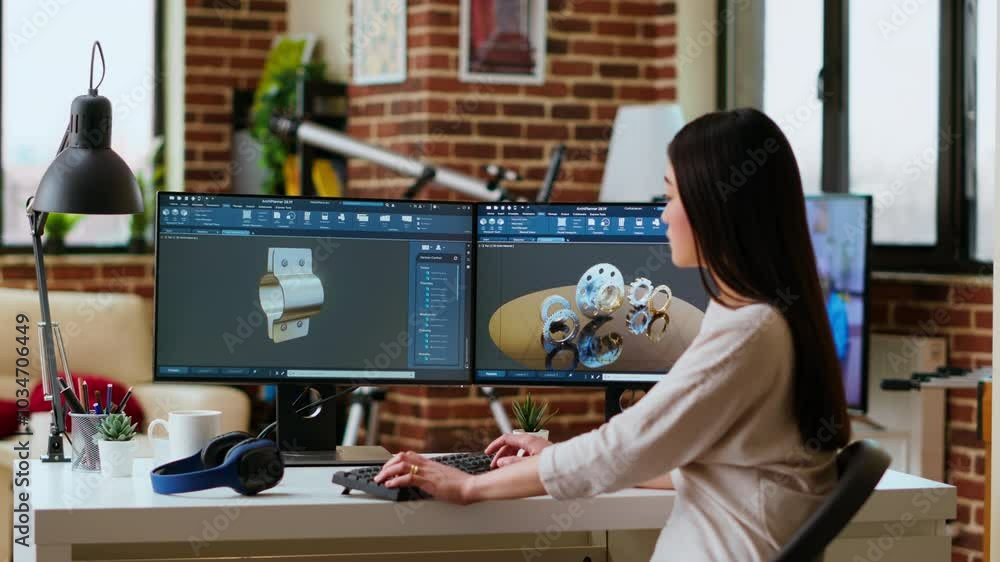 Poster professional industrial designer working with cad software on dual monitors, creating 3d prototypes 