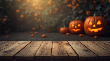 Wooden Table with Halloween Background	
