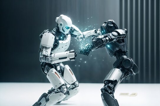 Two highly advanced robots engage in an intense battle, showcasing futuristic technology, with sparks flying from their powerful interaction..