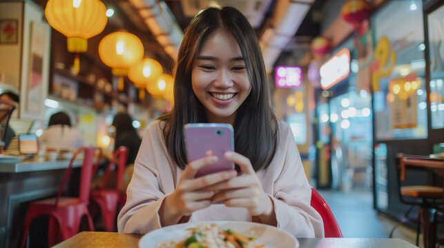 Smiling young Asian woman using a smartphone on a social media app while dining in a restaurant, engaging with likes, comments, and friends, reflecting social media habits

 - Powered by Adobe