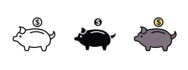 piggy bank icons set, three piggy bank icons in outline, silhouette and editable unexpanded vector style,