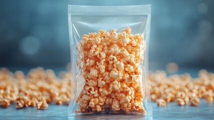 Freshly Popped Caramel Popcorn in Transparent Packaging on a Rustic Wooden Table with Blurred Background