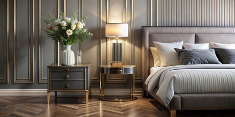 Art Deco inspired modern bedroom interior with stylish nightstand and vase in focus with blurred background