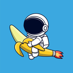 cartoon illustration of Astronaut Riding a Banana Rocket