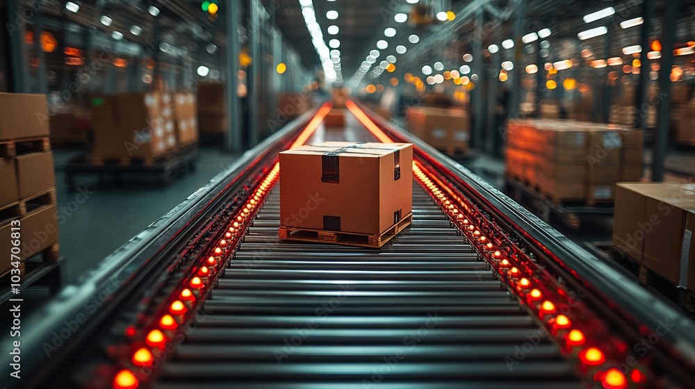 Poster automated conveyor belts transporting packages in smart warehouse showcasing supply chain automation