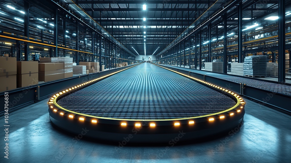 Poster automated conveyor belts transporting packages in smart warehouse showcasing supply chain automation