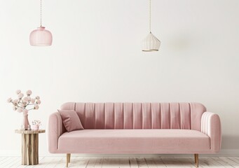 木製のサイドテーブルとピンクの花が飾られた白い部屋に、ピンクのベルベットのソファが置かれ、その上に2つのペンダントランプが吊るされている。