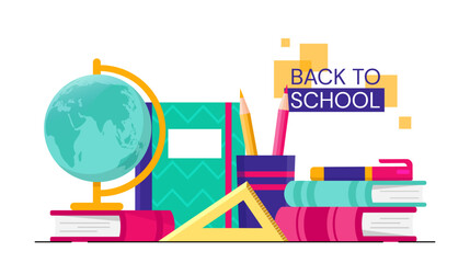 Back to school. Globe, stack of books and ruler, colorful pencils. Education, training and learning. School supplies and stationery. Flat vector illustration isolated on white background