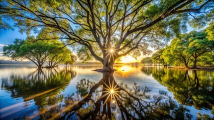 A solitary tree stands amidst a tranquil lake, its branches reaching towards the sky as the sun peeks through the foliage, casting shimmering reflections on the water's surface.
