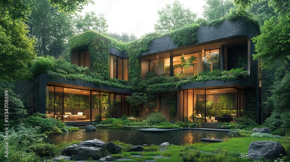 Poster biophilic architecture design with lush vegetation and greenery building providing connection to nat