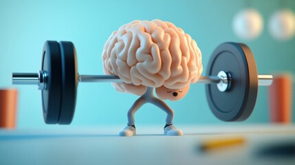 A 3D of a brain lifting a heavy barbell with a look of determination, set against a bright background, representing mental fitness and personal growth