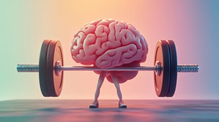A 3D of a brain lifting a heavy barbell with a look of determination, set against a bright background, representing mental fitness and personal growth