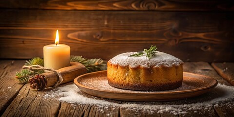 A Rustic Winter Feast A Warm Candle Illuminates a Sweet, Sugar-Dusted Cake, Nestled in a Cozy Wooden Setting