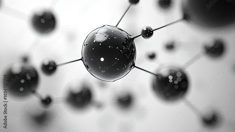 Poster black spheres connected by lines on white background representing nodes and connections in network d