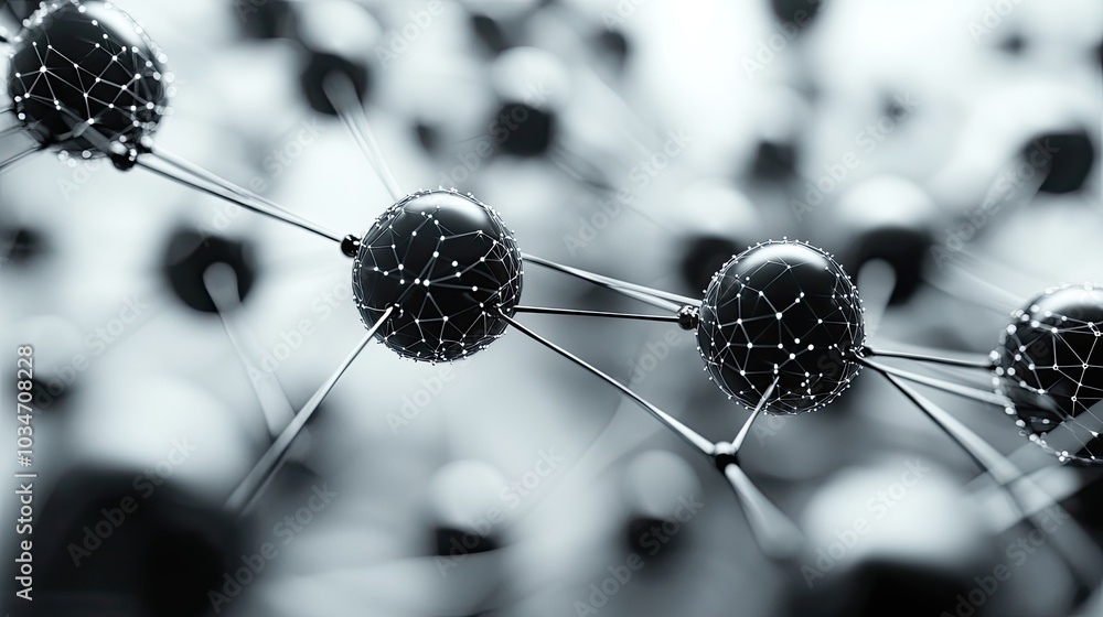 Poster black spheres connected by lines on white background representing nodes and connections in network d