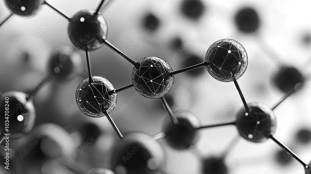 Poster black spheres connected by lines on white background representing nodes and connections in network d