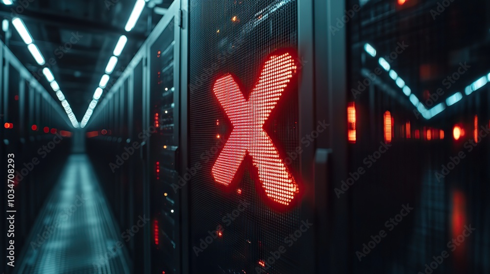 Poster black x sign in front of dat servers symbolizing social medi dat issues.stock image