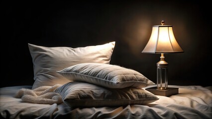 Artistic composition depicting sleep with white pillow, night lamp, warm blanket on black background