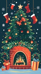 Festive christmas tree with stockings by the fireplace. AI