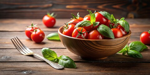 A wooden bowl filled with ripe red tomatoes and fresh green basil leaves, resting on a rustic wooden surface with a silver fork nearby
