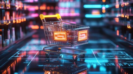 A shopping cart with glowing product labels and a nearby tablet showing an online shopping interface, ultra detailed