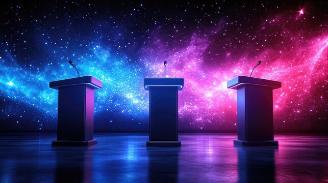 Vibrant political debate stage with colorful cosmic background and three podiums