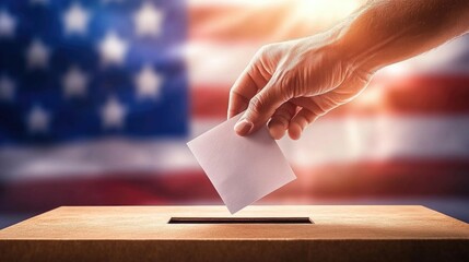 Hand casting vote into ballot box against blurred american flag background