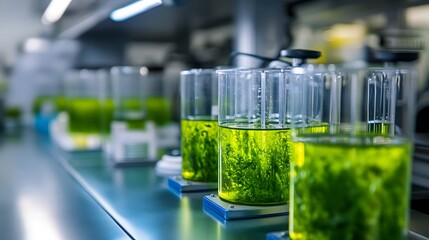 science technology research of green alga biofuel in laboratory, biotechnology industry with alternative natural experiment, biodiesel oil fuel energy from plant to sustainable environment . 