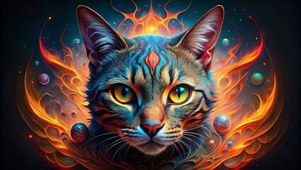 A feline gaze piercing through a fiery cosmic embrace, a celestial tapestry of vibrant colors and burning orbs