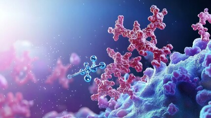 3D visualization of a drug molecule binding to a receptor site on a protein surface