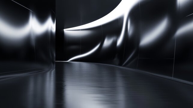 A smooth, reflective black expanse with abstract