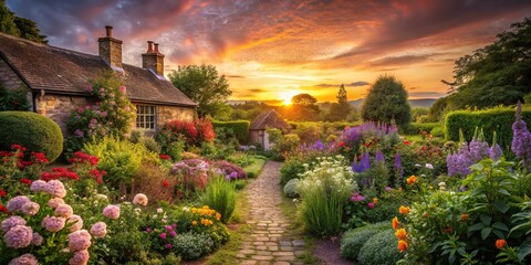 Naklejka premium Asymmetrical charming English cottage garden at sunset with floral pathway
