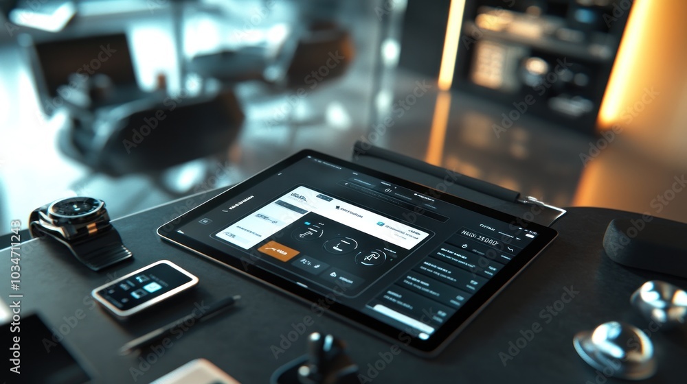 Aufkleber futuristic workspace with tablet displaying high-tech interface in modern office environment