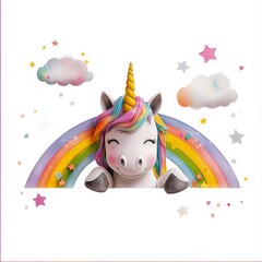 Naklejka premium Charming Unicorn Peeking Out From Behind a Colorful Rainbow
