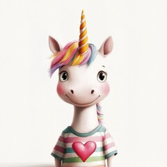 Charming Unicorn Wearing Striped Shirt with Heart Design