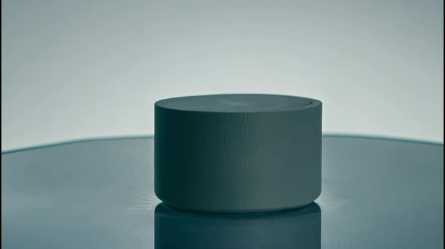 A simple, minimalist gray cylinder placed on a reflective surface.